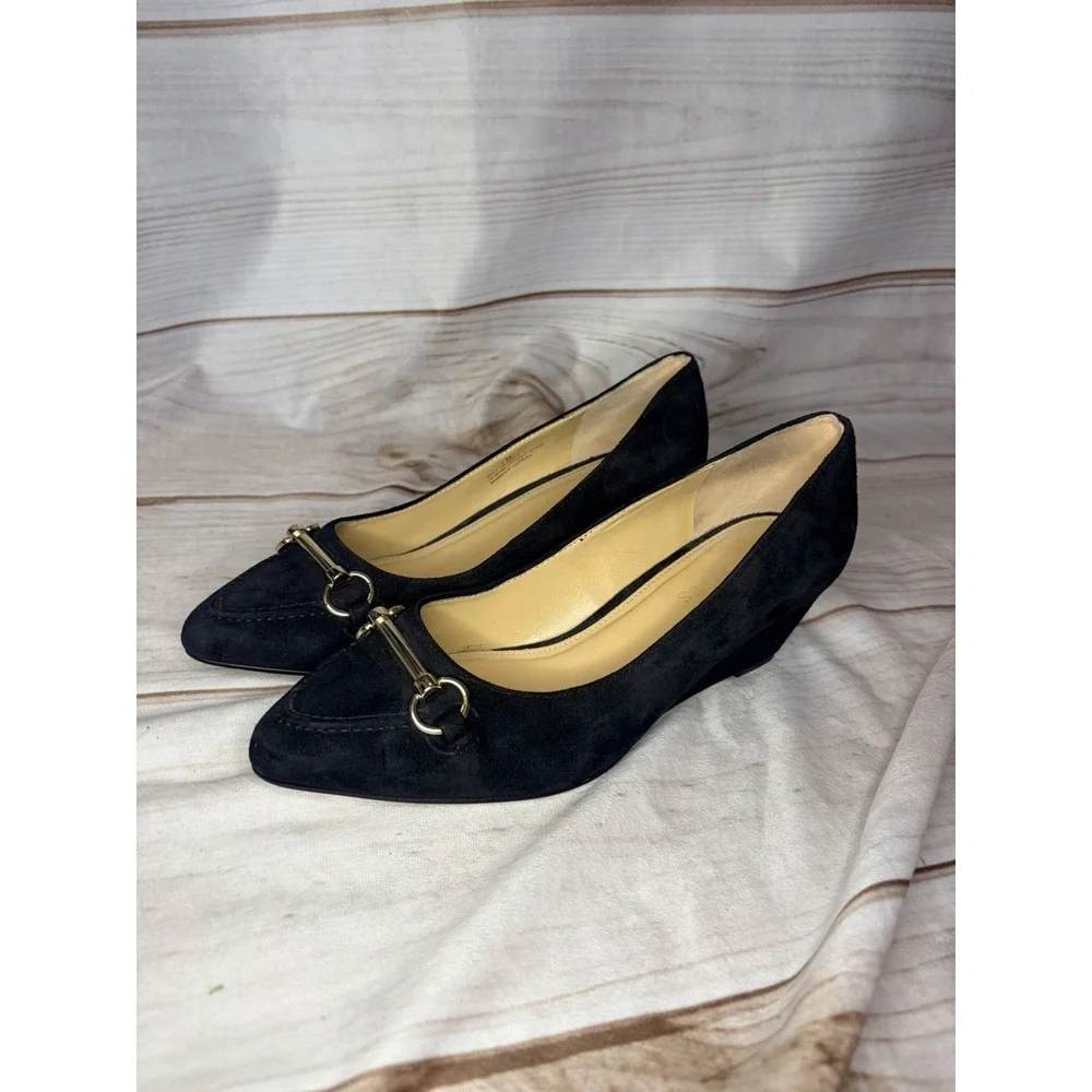 Talbots Black Suede Leather Wedges Horsebit Size‎ 7M Classic Timeless